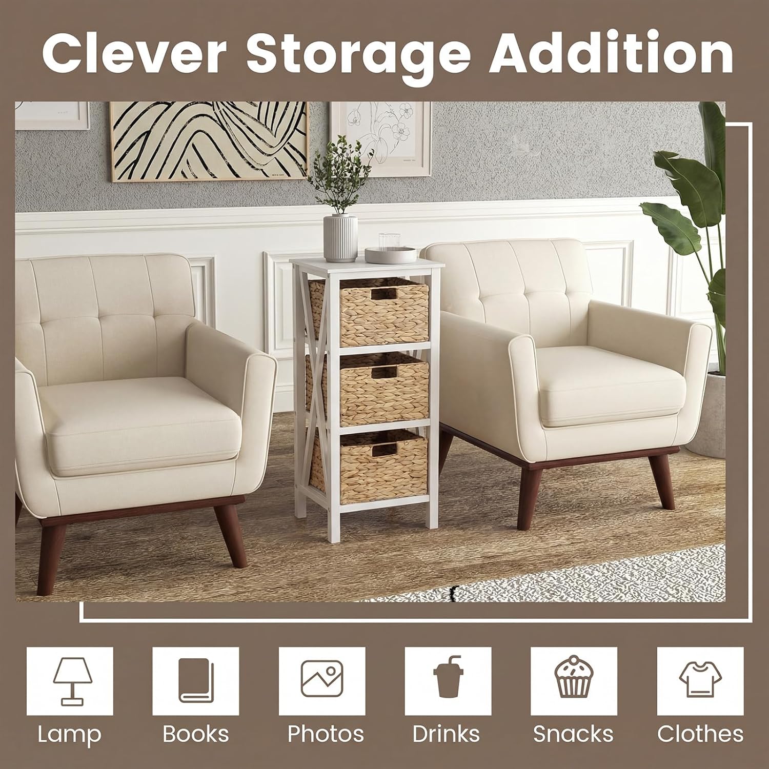 GOFLAME End Table with Wicker Drawers, Sofa Side Table with 3 Baskets, Rubber Wood X-Shaped Frame & Acacia Wood Legs, 3-Tier Wicker Nightstand Bedside for Living Room, Bedroom, White