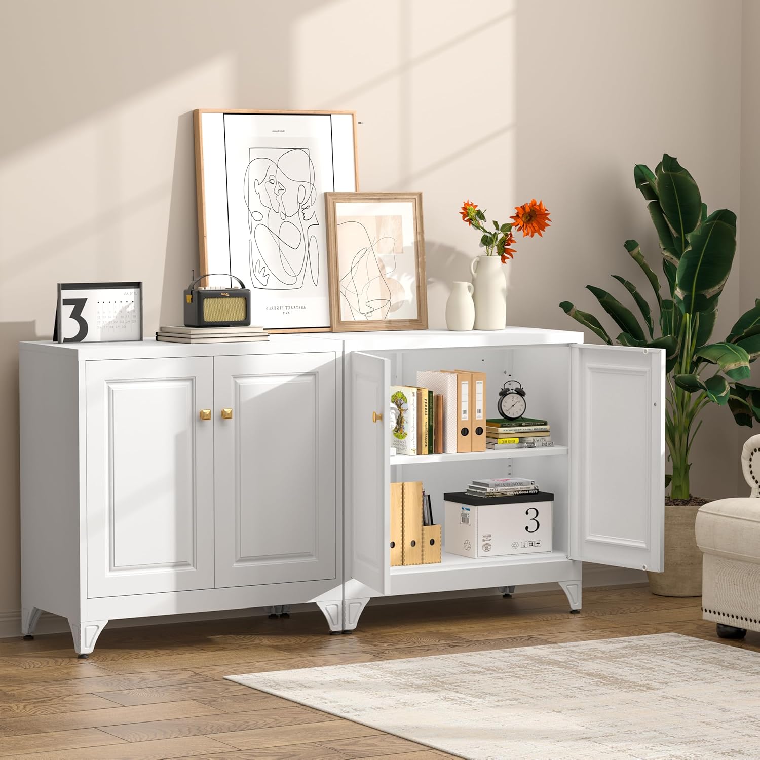 Polup Kitchen Buffet Table with Storage, 33" Tall Sideboard with Doors and Adjustable Shelves, Metal Buffet Cabinet, Modern Coffee Bar Console Cabinet for Living, Dining Room, White, Assemble Required