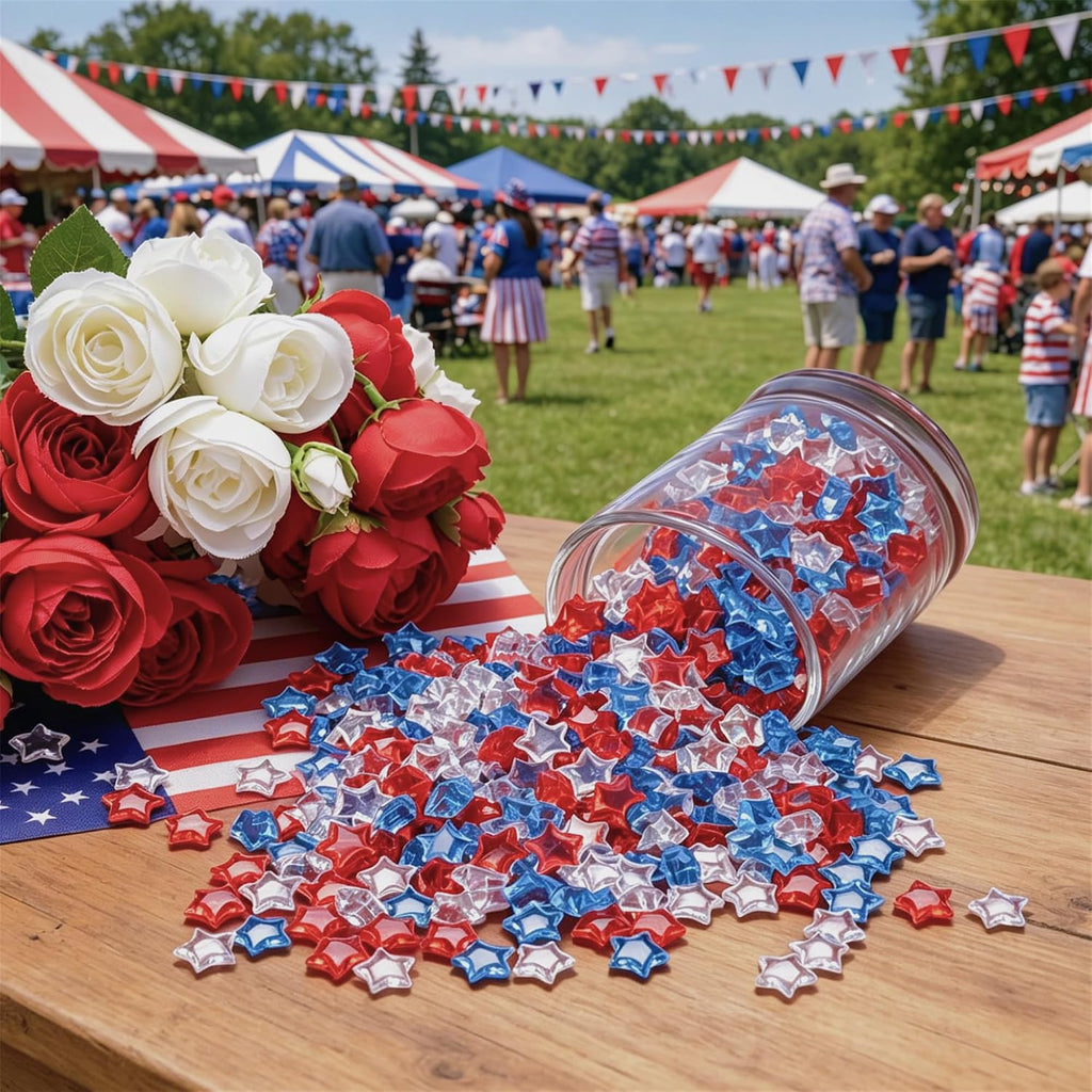 YATOJUZI 500 PCS Acrylic Star Vase Filler, 4th of July Table Decorations | Patriotic Memorial Day Party Decor, Fourth of July Red White and Blue Plastic Stars Gems for DIY Crafts