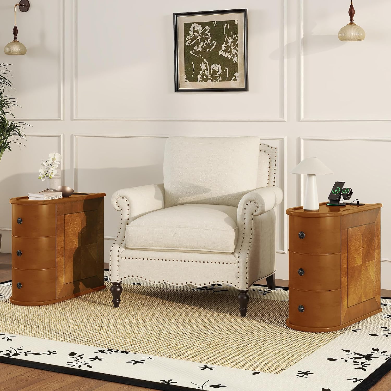 roomfitters 23.6" End Table, Charging Station and Drawers with Wooden Frame for Living Room, Light Walnut