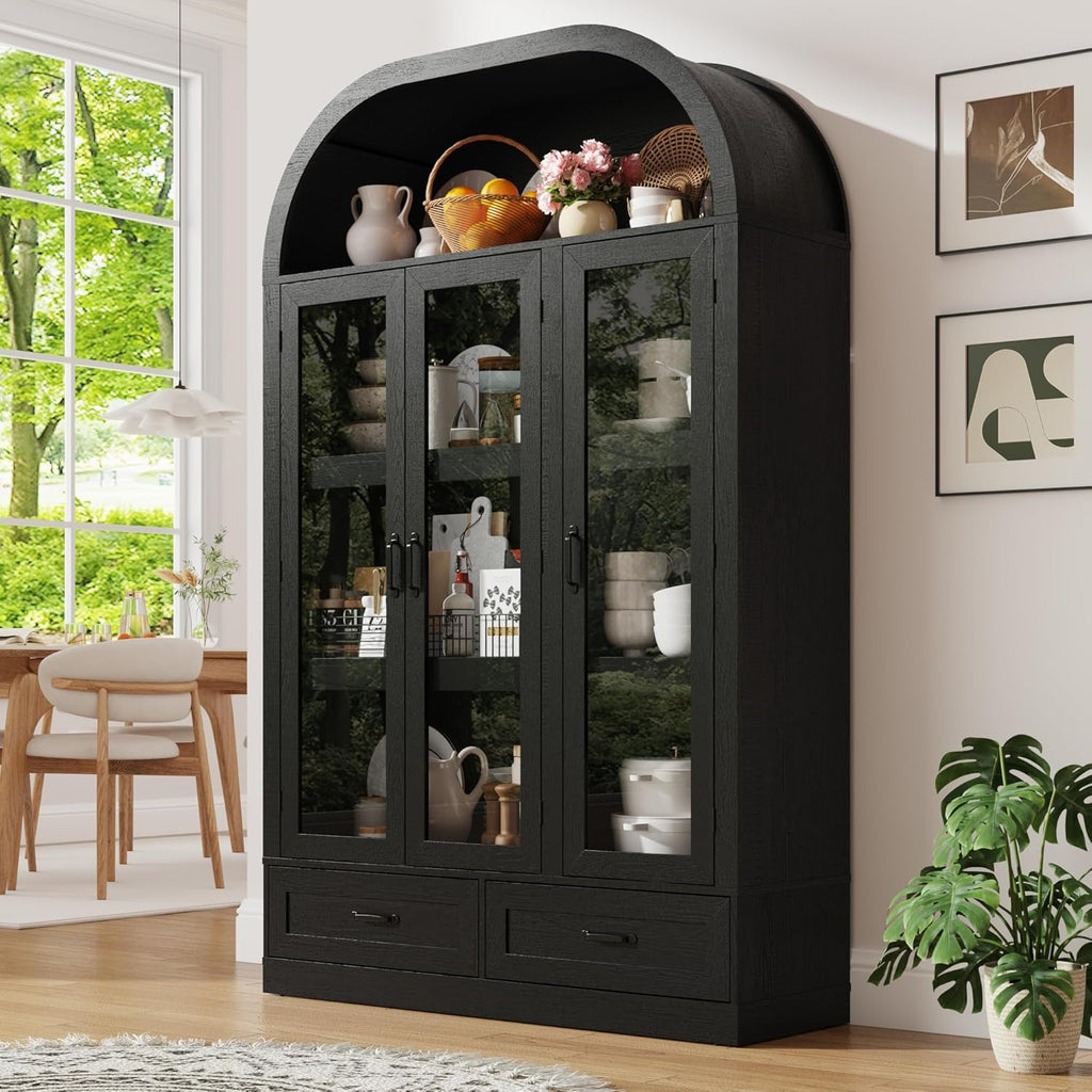 73" Tall Arched Kitchen Pantry Cabinet w Load-Bearing Steel Pipe,Modern Farmhouse Kitchens Storage Cabinet with Drawer and Glass Doors,Tall Arched Bookcase,Pantry Organizer(Woodgrain Black)