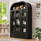 73" Tall Arched Kitchen Pantry Cabinet w Load-Bearing Steel Pipe,Modern Farmhouse Kitchens Storage Cabinet with Drawer and Glass Doors,Tall Arched Bookcase,Pantry Organizer(Woodgrain Black)