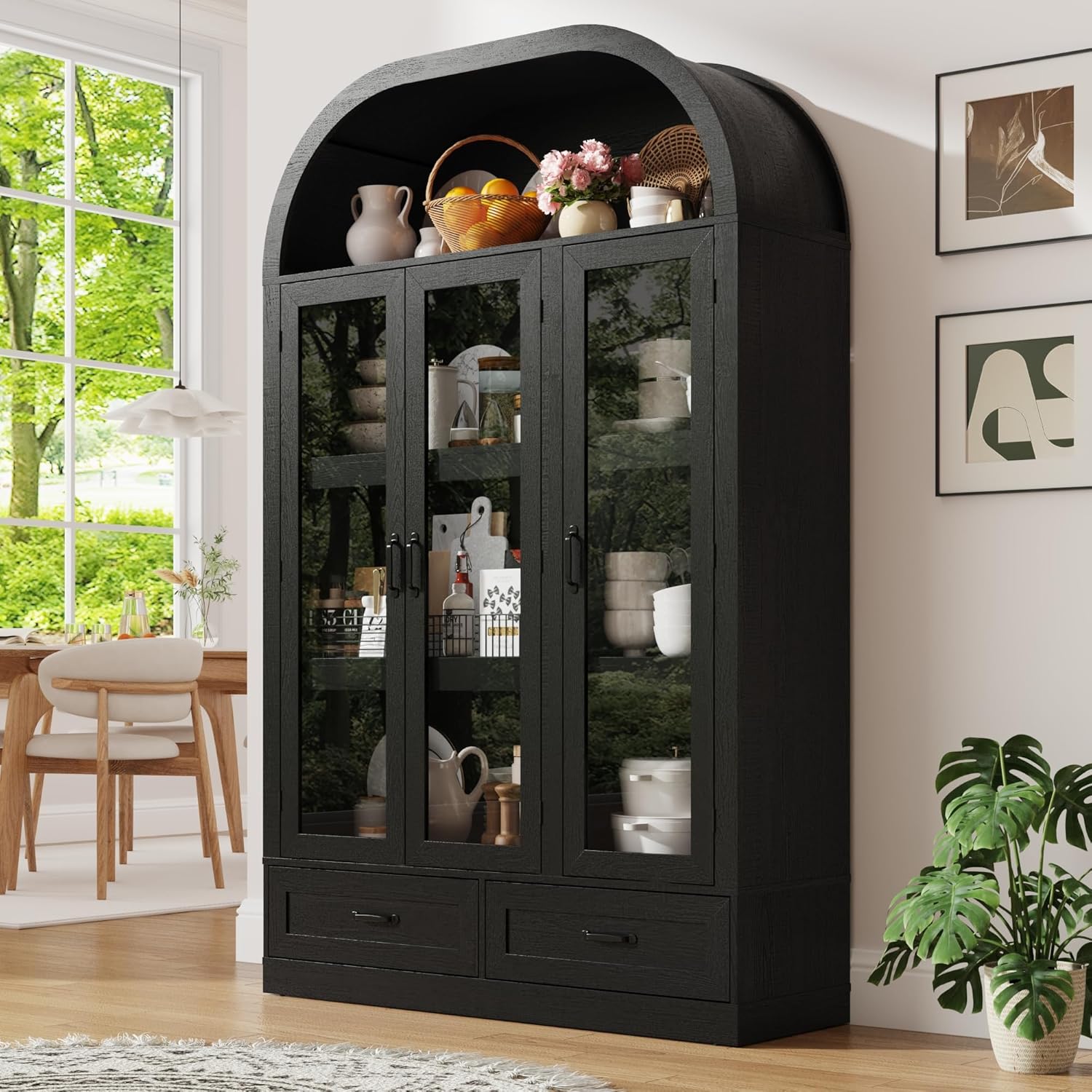 73" Tall Arched Kitchen Pantry Cabinet w Load-Bearing Steel Pipe,Modern Farmhouse Kitchens Storage Cabinet with Drawer and Glass Doors,Tall Arched Bookcase,Pantry Organizer(Woodgrain Black)
