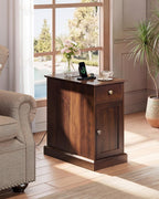 WLIVE End Table with Charging Station, Narrow Sied Table with Drawer & Cabinet, Side Table with Adjustable Shelf for Living Room/Bedroom, Wooden Nightstand with Hidden USB Ports and Outlets, Espresso