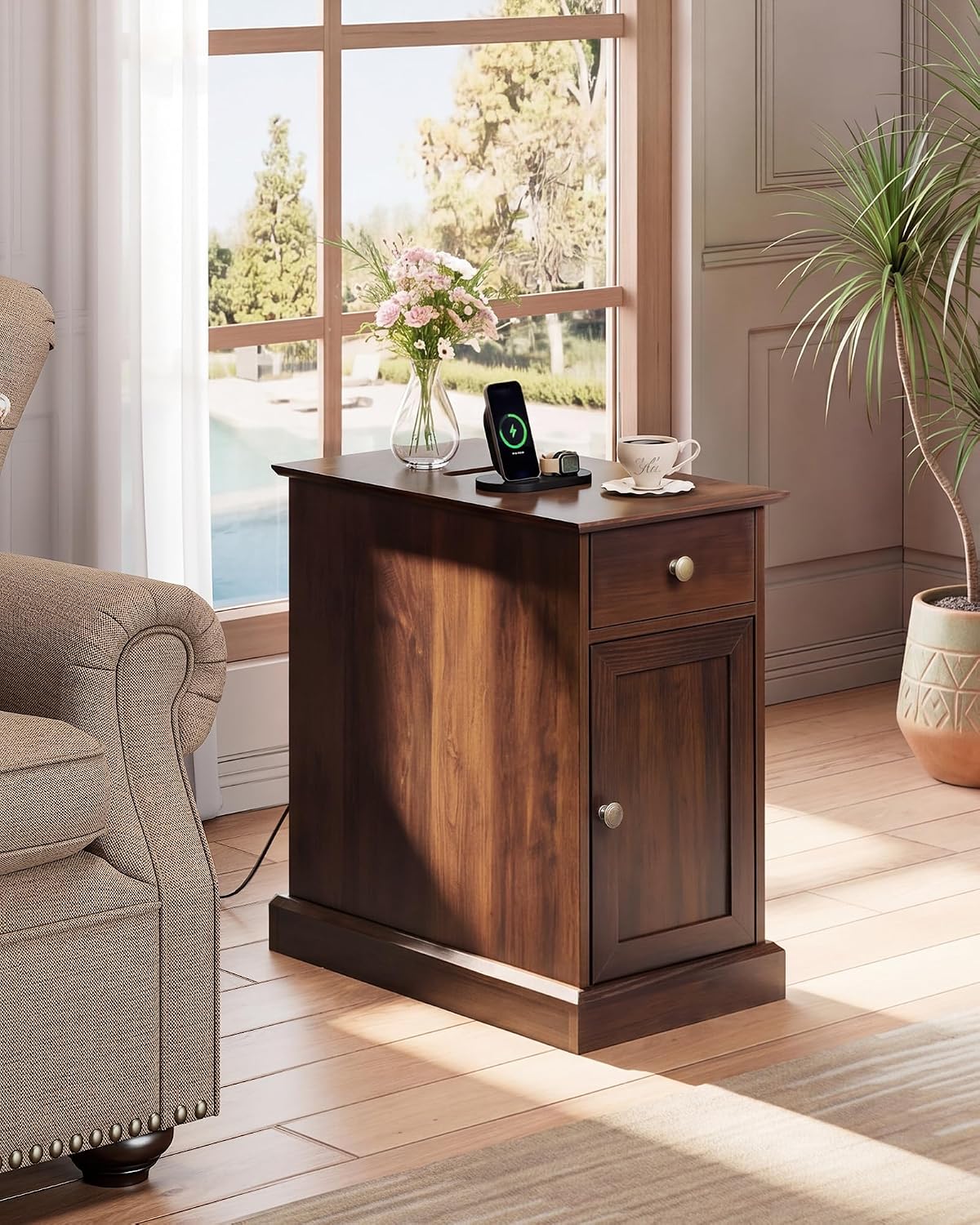 WLIVE End Table with Charging Station, Narrow Sied Table with Drawer & Cabinet, Side Table with Adjustable Shelf for Living Room/Bedroom, Wooden Nightstand with Hidden USB Ports and Outlets, Espresso