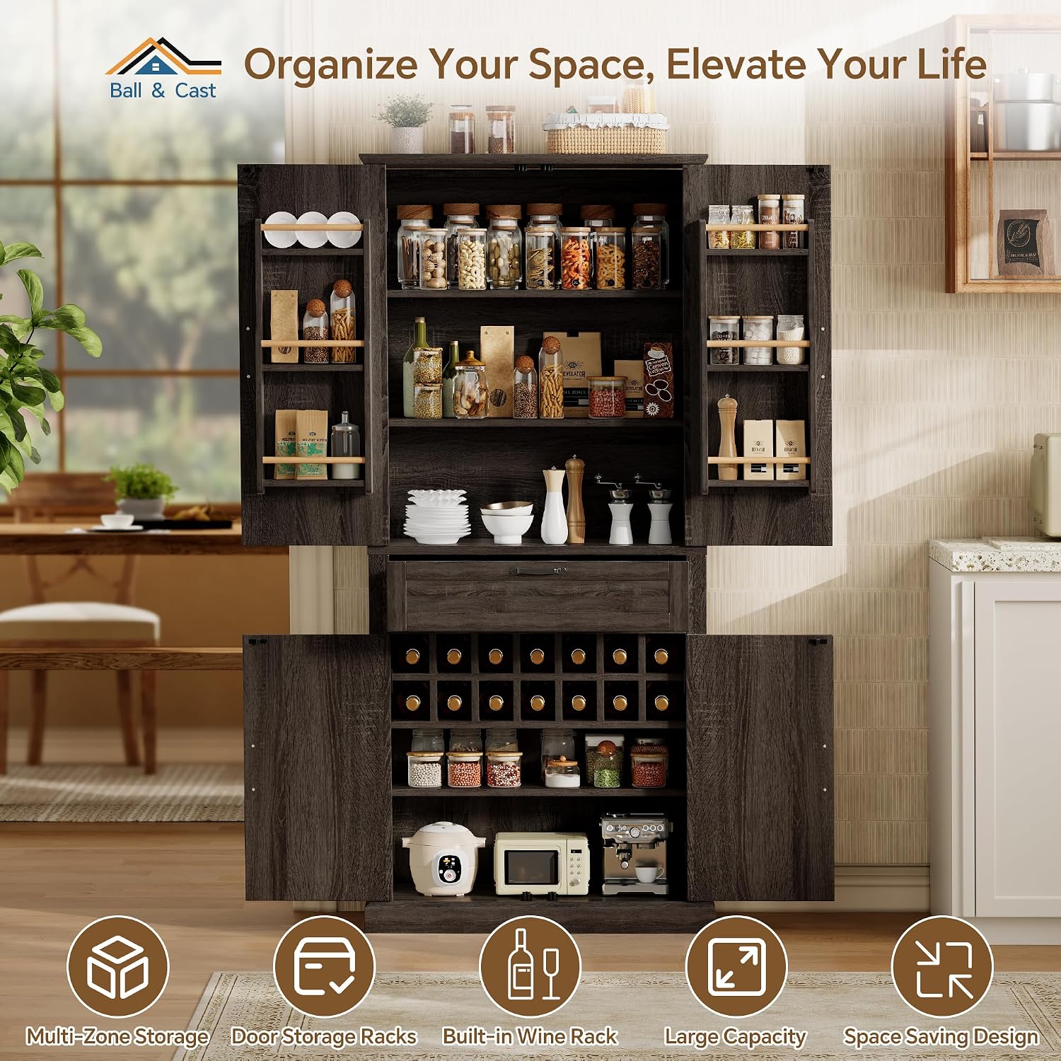 Ball & Cast Farmhouse Kitchen Pantry Cabinet, Brown, 71 Inch | Adjustable shelves, microwave shelf, wine rack & drawer storage