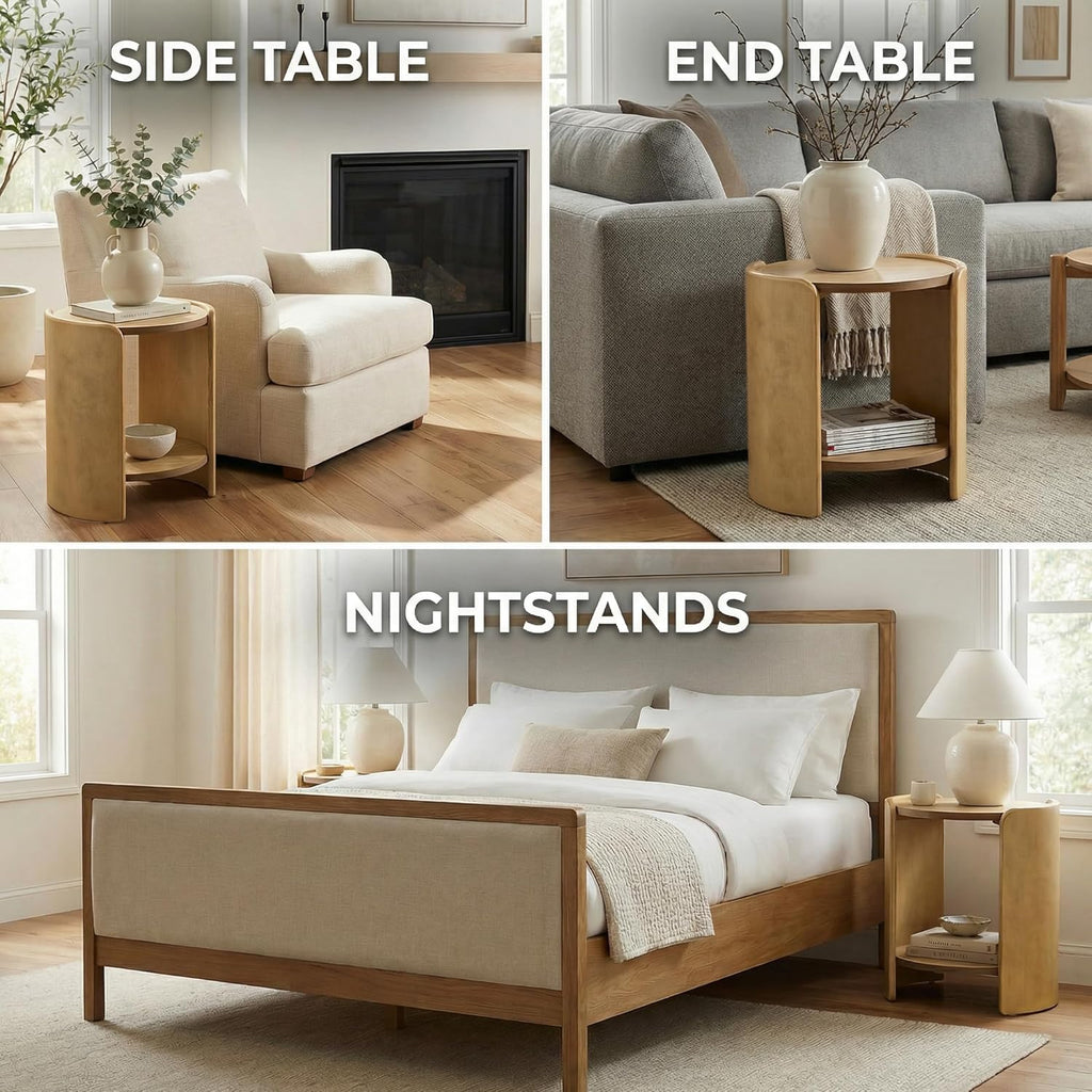 HNY Natural Oak Side Table, 2-Tier Small Round Wood End Table, Nightstand with Storage Shelf Mid Century Modern Bedside Table for Living Room Bedroom Apartment