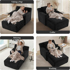 65.4" Chaise Lounge Chair Indoor, Oversized Boneless Couch Comfy Upholstered Sleeper Sofa Bed with 3 Pillows, Corduroy Cloud Reading Chair for Living Room No Assembly Required, Black