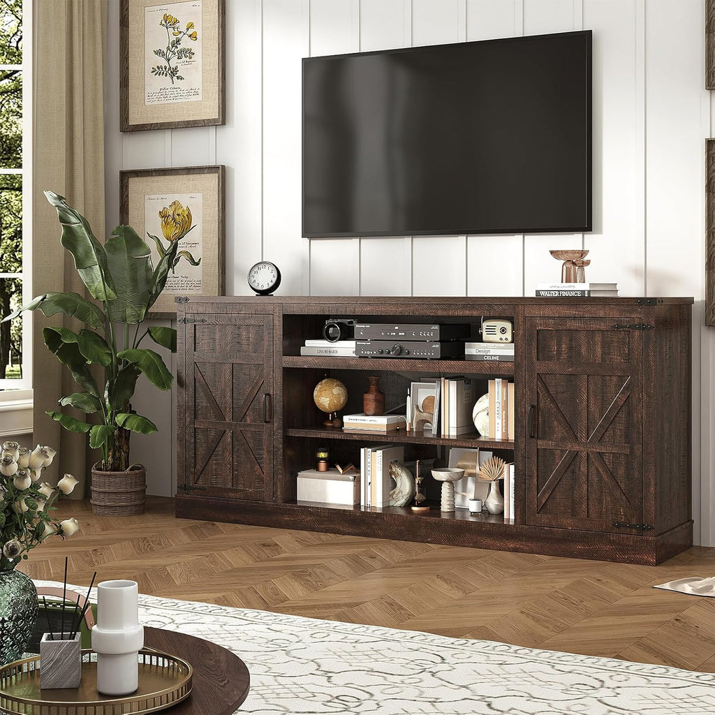 XVD 75" Farmhouse Coffee Bar Cabinet with Charging Station, Sideboard Buffet Cabinet with Large Storage, Wood Buffet Storage Cabinets with Adjustable Shelves for Kitchen, Living Room, Brown