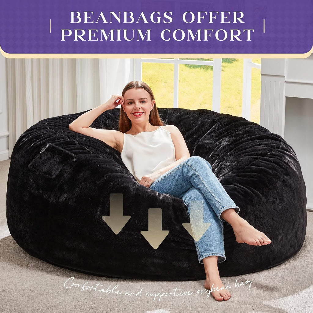 Hobestluk Bean Bag Chair for Adult Giant Beanbag with Filler Black 5FT | Breathable Material Removable Machine Washable Cover Memory Foam Living Room Bedroom Reading Gaming Oversized Large Big