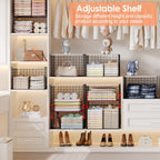 5-Tier Large Stackable Closet Organizer and Storage Basket, Sturdy Closet Shelf Organizer with Wood Top, Stackable Storage Bins Cubes for Clothes with Adjustable Shelf for Wardrobe Organization