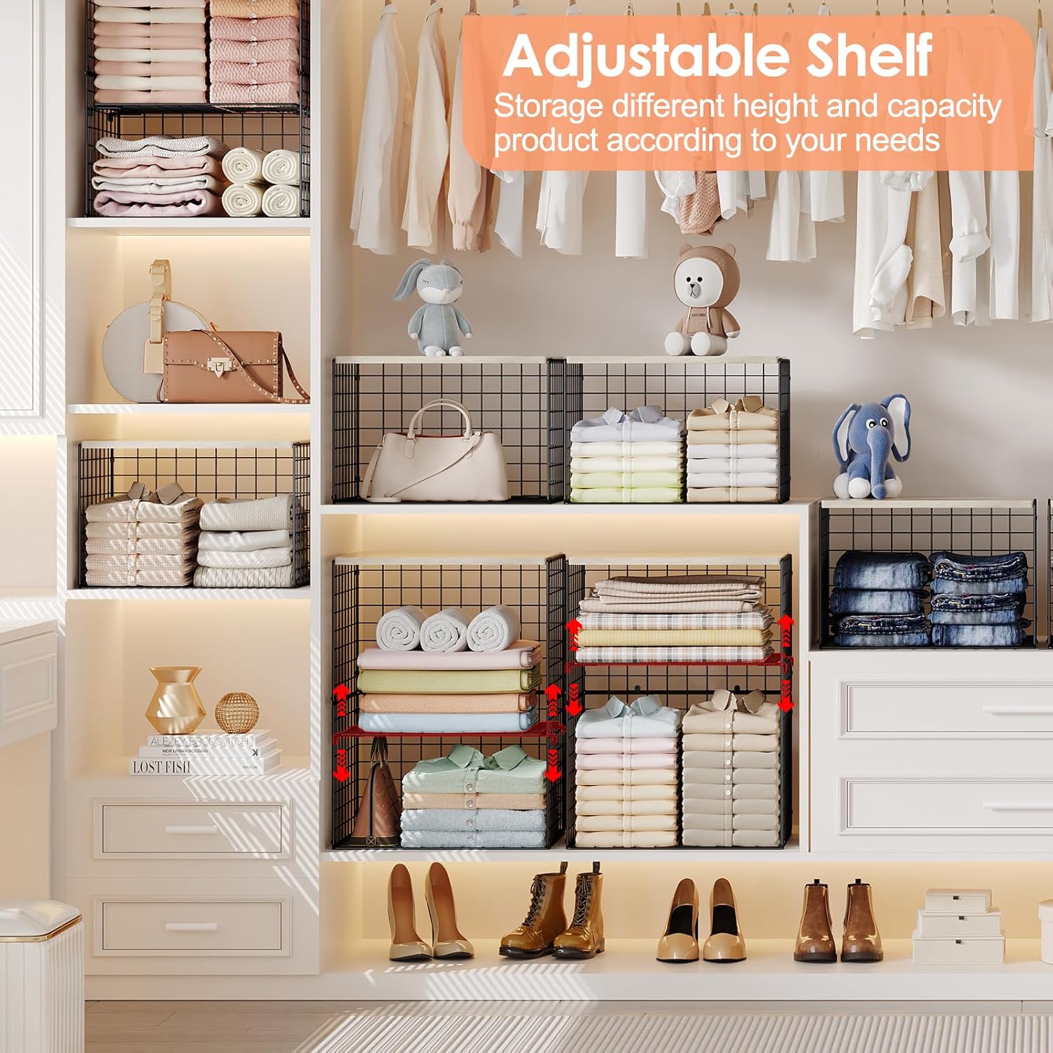 5-Tier Large Stackable Closet Organizer and Storage Basket, Sturdy Closet Shelf Organizer with Wood Top, Stackable Storage Bins Cubes for Clothes with Adjustable Shelf for Wardrobe Organization