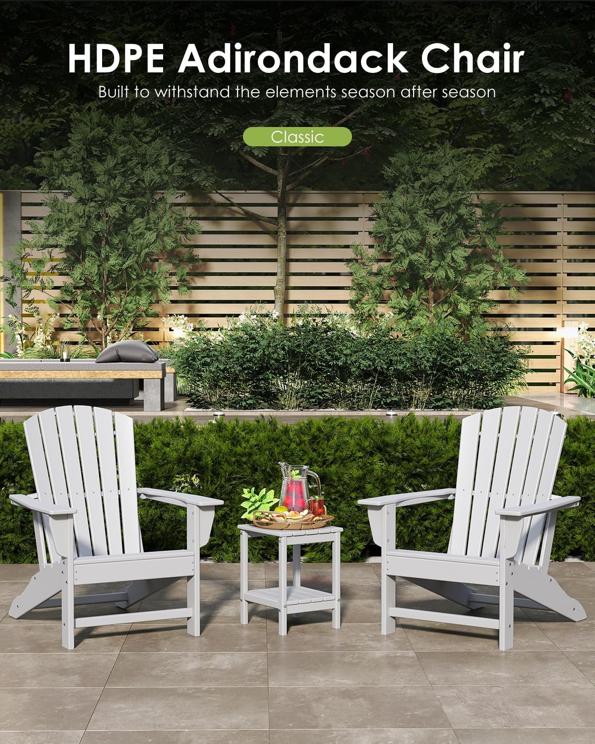 GREENVINES Adirondack Chairs Set of 2 | HDPE Plastic | Oversized Fire Pit Chair | All Weather | Poly Lumber | White | for Outdoor Deck Backyard Patio Garden