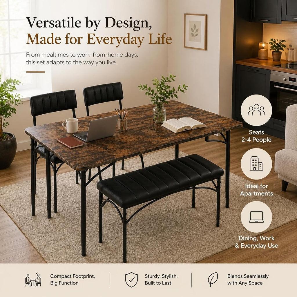 4 EVER WINNER Dining Table Set for 4, Kitchen Table with Upholstered Chairs and Bench, 4-Piece Kitchen Table and Chairs for Small Spaces, Dining Room, Rustic Brown