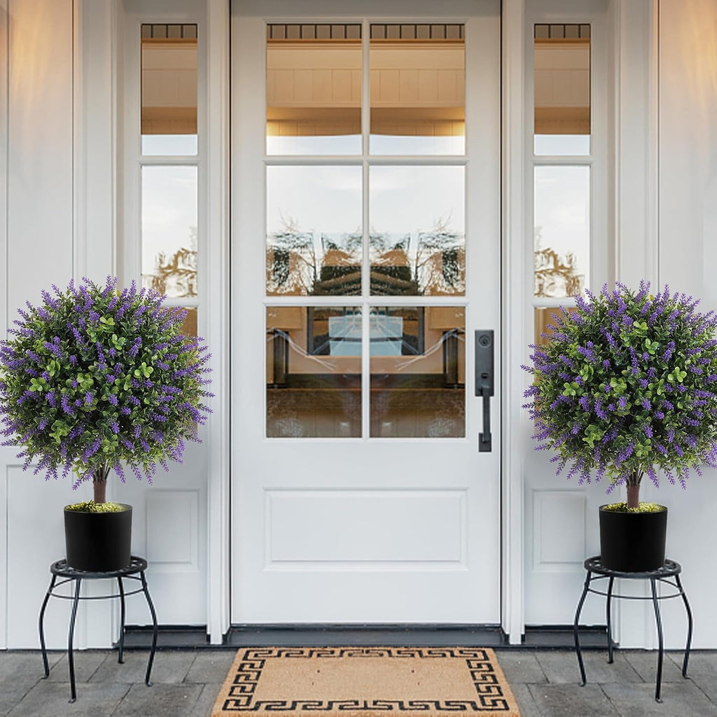 Artificial Boxwood Topiary Ball Trees with Lavender, UV Resistant Fake Shrubs Bushes with Spike Faux Evergreen Plant for Indoor Outdoor Front Porch Garden