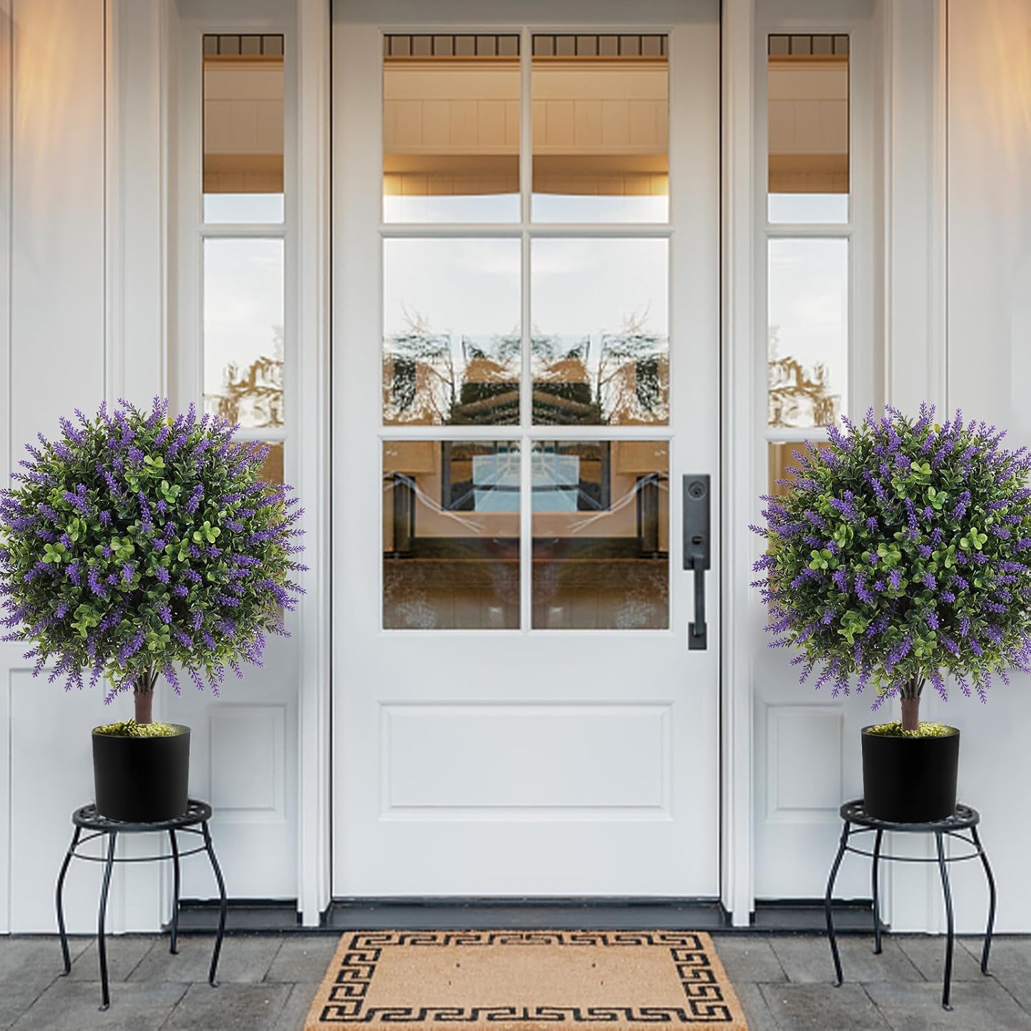 Artificial Boxwood Topiary Ball Trees with Lavender, UV Resistant Fake Shrubs Bushes with Spike Faux Evergreen Plant for Indoor Outdoor Front Porch Garden
