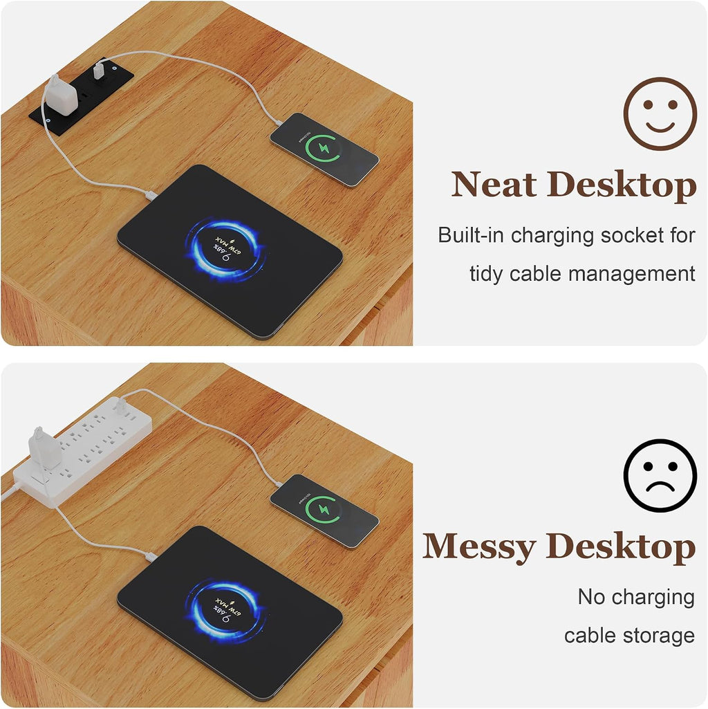 MINCETA End Table with Charging Station and USB Ports, Modern Wood Bedside Table with Door, Square Nightstand with Adjustable Storage Shelf for Living Room, Bedroom, Set of 1, Natural Oak