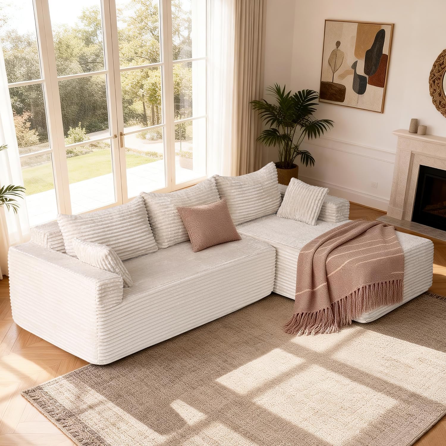 PARKOL 105" Cloud Sectional Couch with L-Shape Chaise,Modern Modular Sofa with Deep Seat, Upholstered Couches for Living Room Bedroom,No Assembly Required, Beige(Plush Corduroy Fabric)