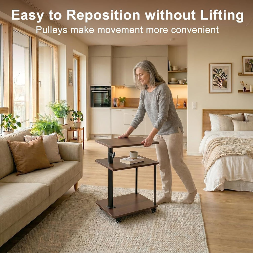 Modern Farmhouse Rolling Side Table with Wheel for Living Room, Adjustable Height Swivel End Table for Different Seating Types, Ideal for Couch, Sofa, Recliner and Living Room, Walnut-Look
