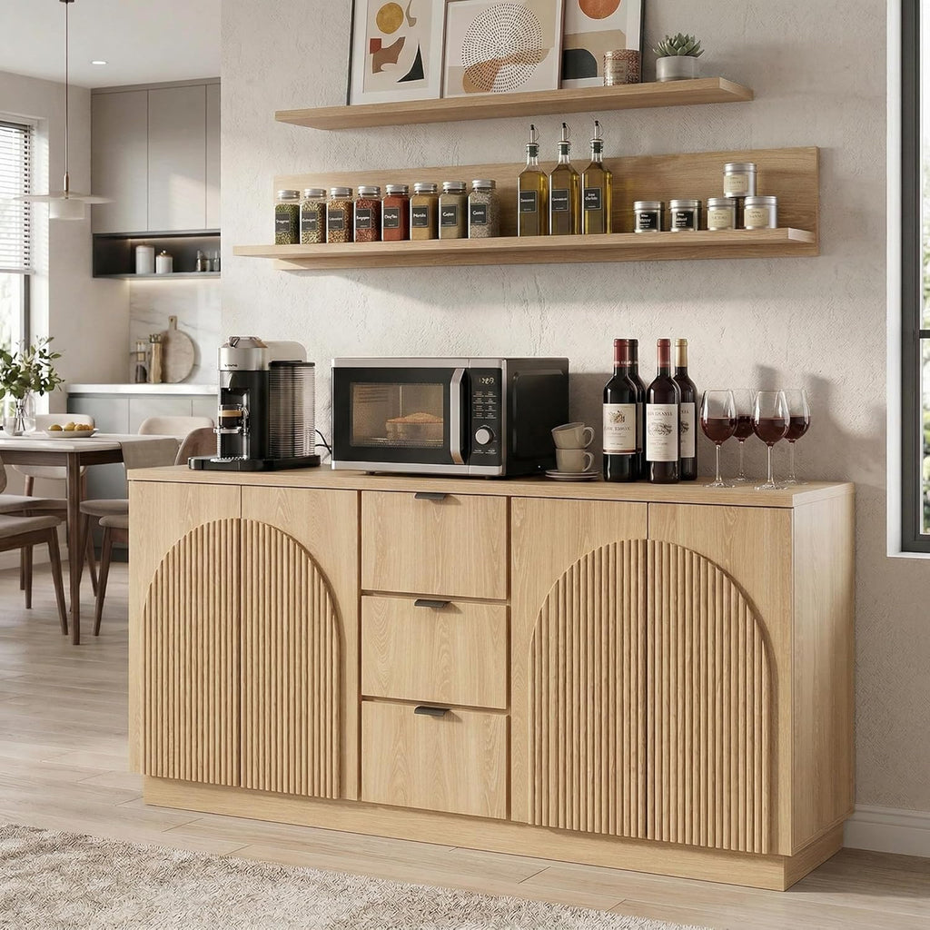 Yechen 67" Fluted Sideboard Buffet Cabinet with 4 Arched Reeded Design Doors &3 Drawers, Mid Century Modern Credenza Storage Cabinet with Adjustable Shelves, for Living Room Dinning Hallway