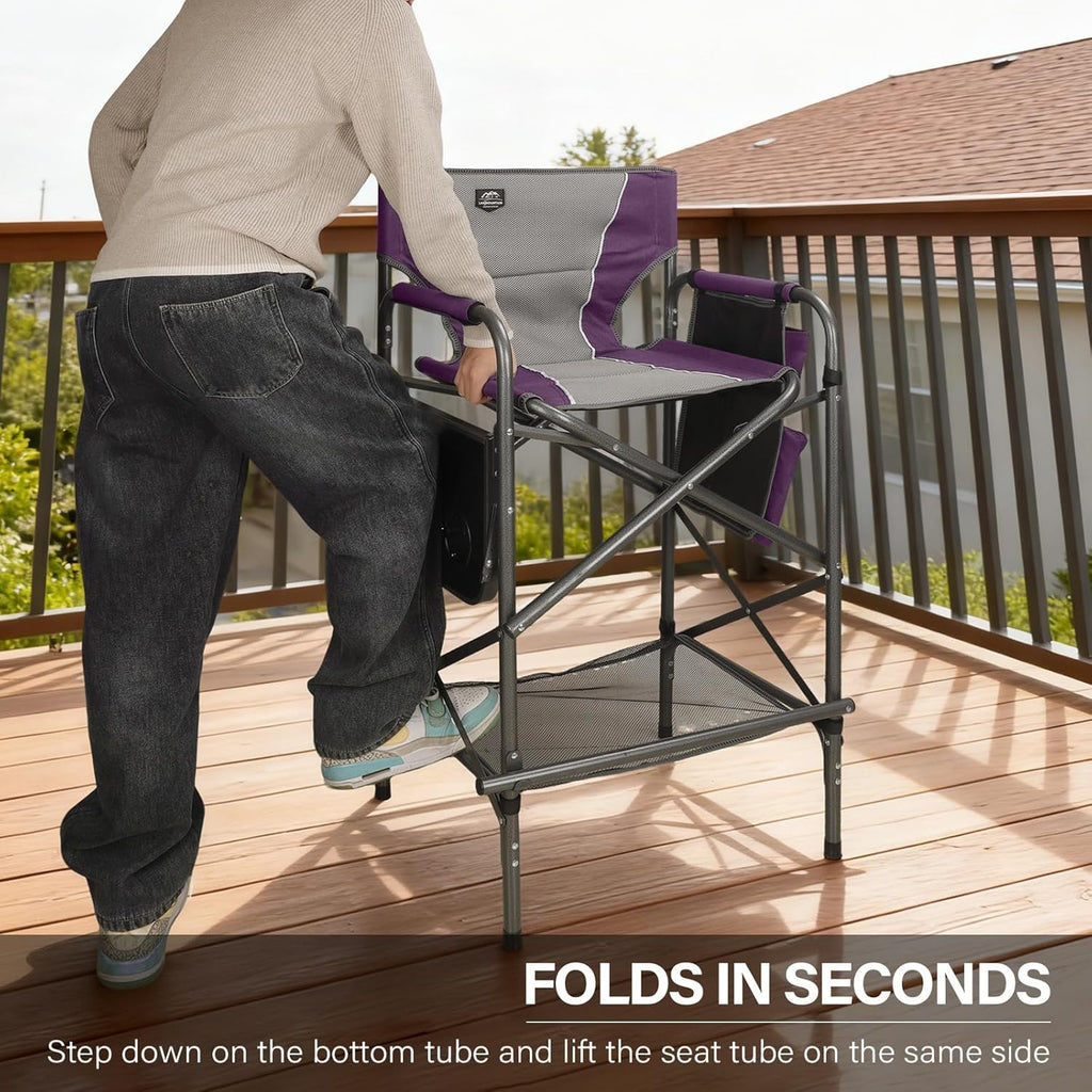 LANMONTAIN Folding Tall Director Chairs,30.7'' Seat High Makeup Solan Chairs,Portable Camping Chair w/Side Table Functional Pocket and Footrest,Comfy Bar Stool Heavy Duty Supports 350 Lbs,Purple