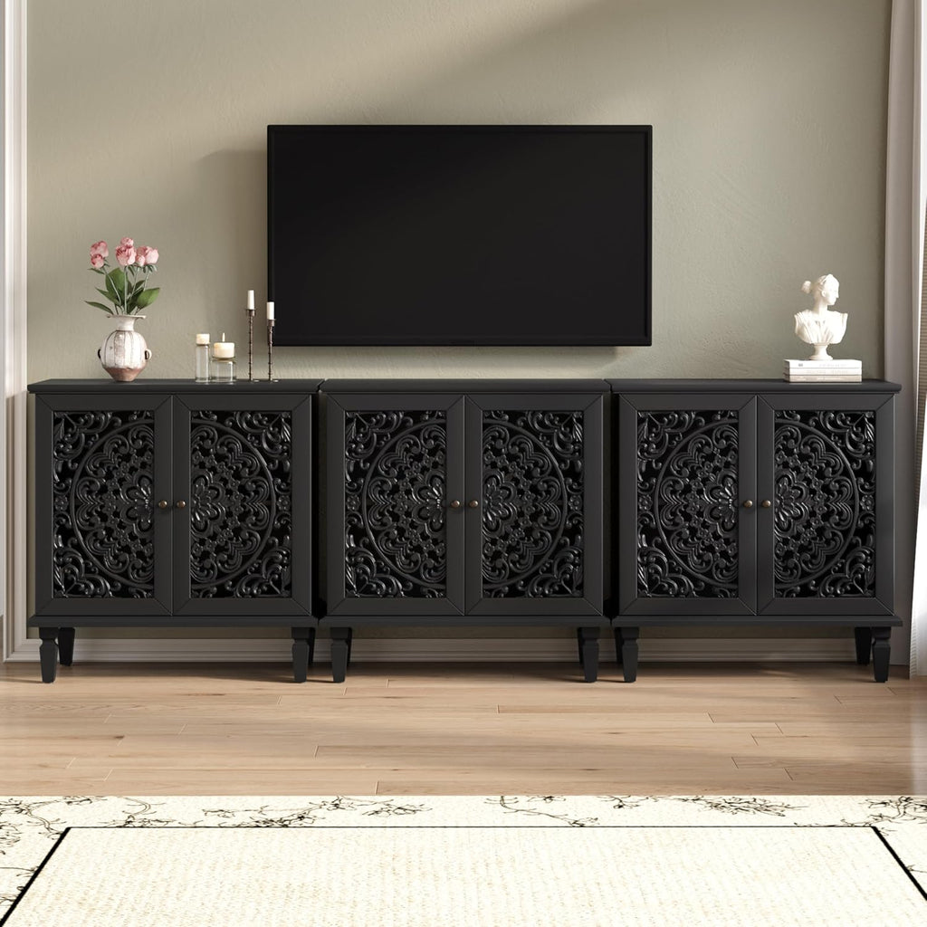 Antique Black Sideboard Buffet Accent Credenza Storage Cabinet with 2 Hollow Floral Carved Doors Small Modular Console Table for Kitchen Living Room Entryway 31.5 Inch