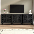 Antique Black Sideboard Buffet Accent Credenza Storage Cabinet with 2 Hollow Floral Carved Doors Small Modular Console Table for Kitchen Living Room Entryway 31.5 Inch