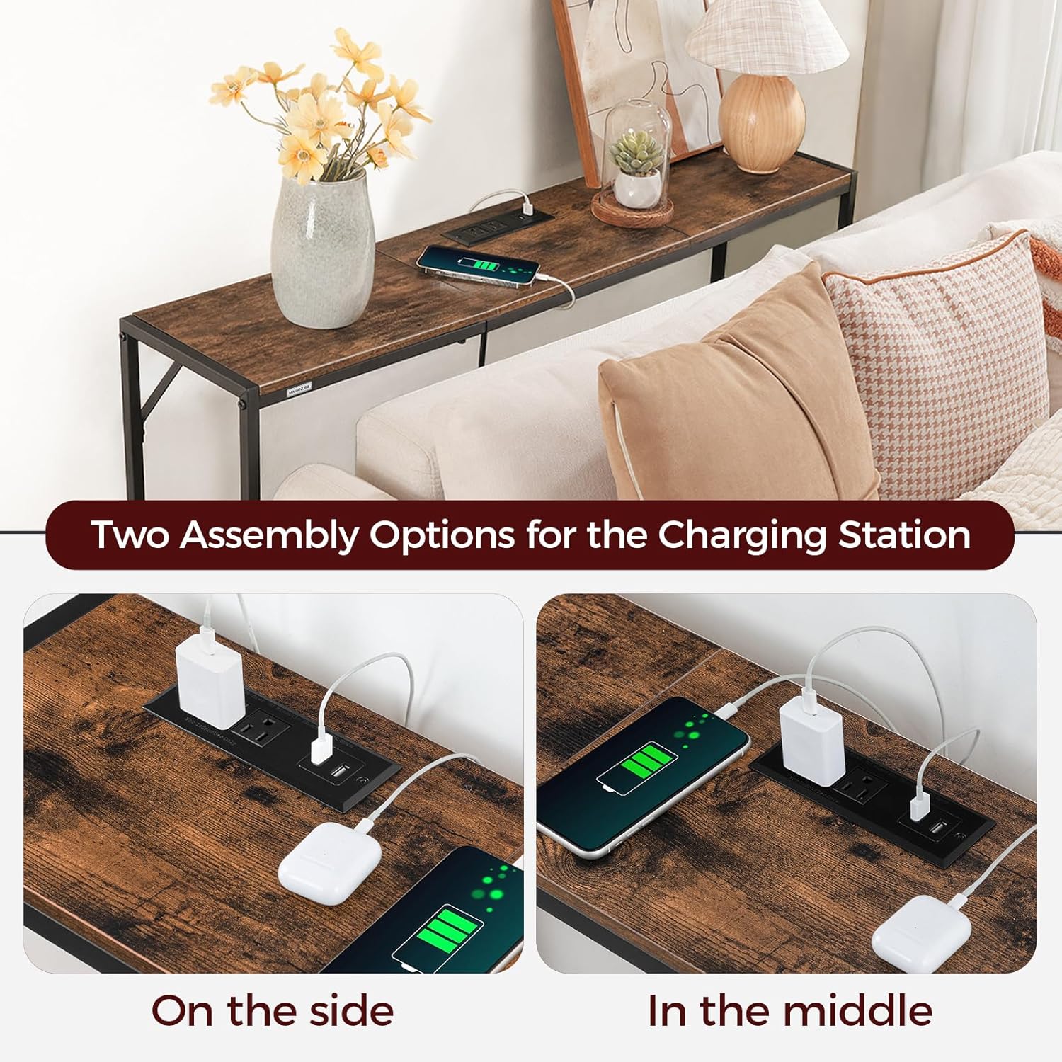 MAHANCRIS Console Table, Narrow Sofa Table, 43.7” Entrance Table with Power Station, Behind Couch Table, Simple Style, for Living Room, Hallway, Entryway, Foyer, Rustic Brown and Black CTHR112E01