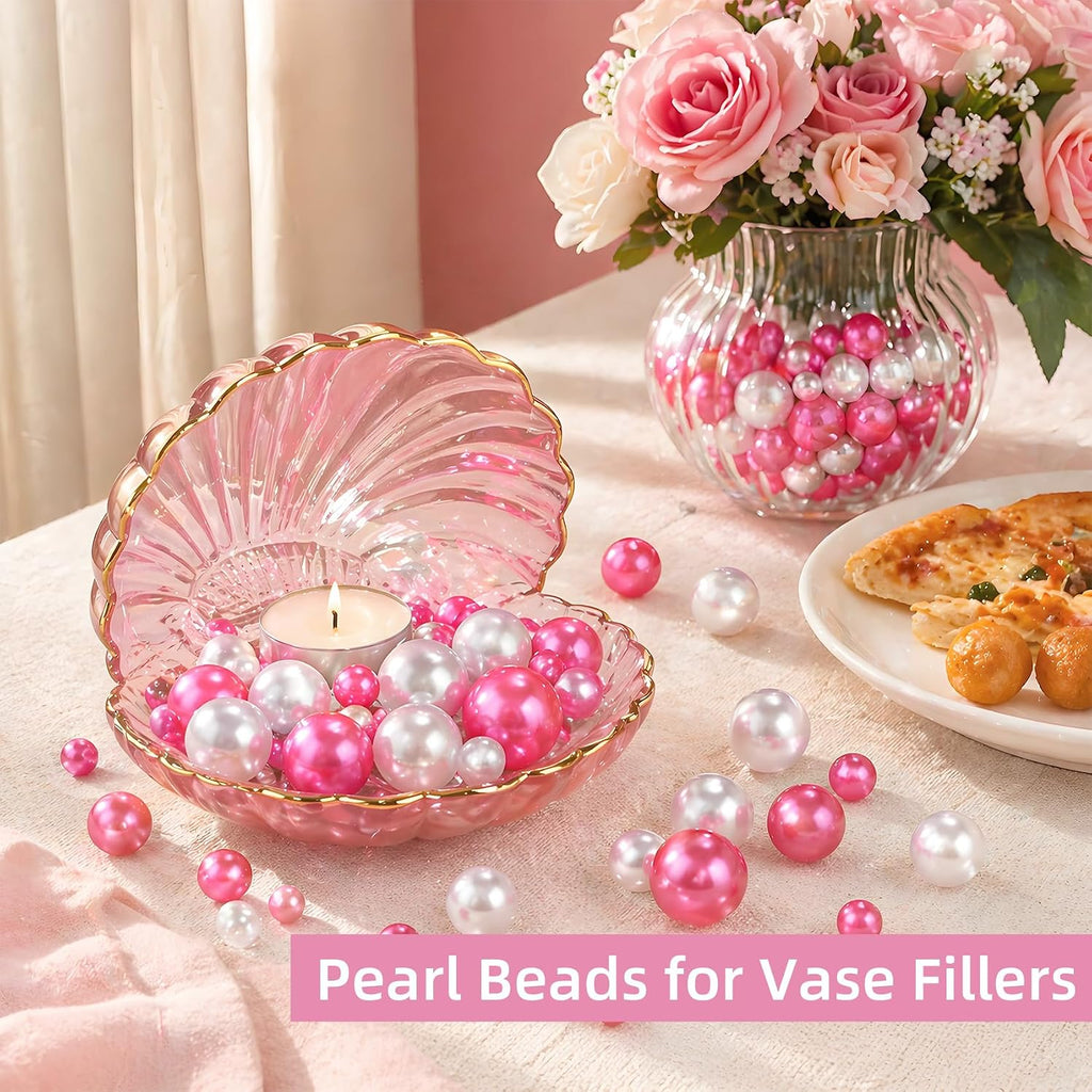 300PCS No Hole Pearls for Vase Filler Beads, 8/14/20 mm Floating Pearls for Centerpieces Vases, Pink White Faux Pearl Round Foating Beads for Crafts Wedding Party Decor DIY Candles Centerpiece
