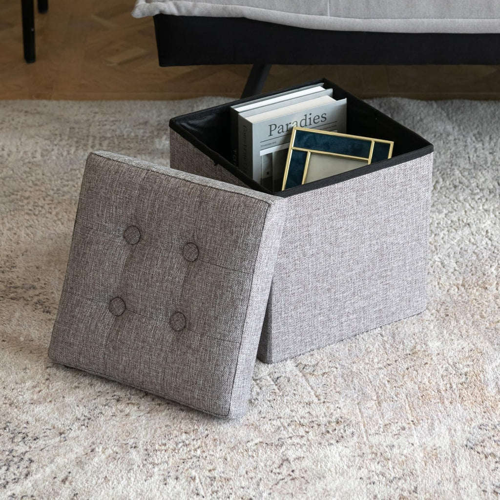 Oak & Tea Multipurpose Brown Grey Stool - Foldable Stool / Footstool with Hidden Storage Box Ideal for Bedroom & Living Room