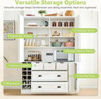 Merax Farmhouse 71" Large Kitchen Pantry Cabinet with Power Outlet, 53.2" Wide Storage Cupboard with 4 Foldable Doors, Adjustable Shelves, Wine Racks & Serving Trays, for Dining Room, White