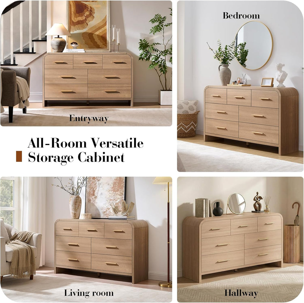 Curved 7 Drawer Dresser for Bedroom, 53.82'' Wide Chest of Drawers, Modern Storage Cabinet for Hallway & Living Room TV Stand, FSC Certified 1.18" Thick Board, 100 lbs Top Weight, Oak