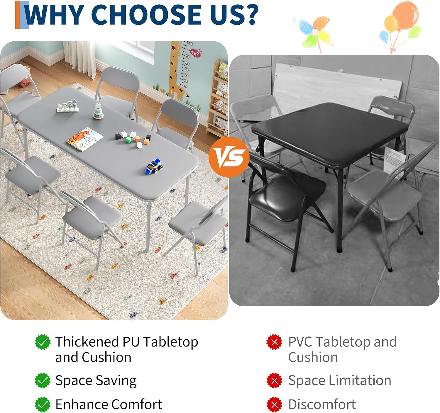 IDEALHOUSE 7 Piece Folding Kids Table and Chairs Set, Children Activity Table and Chairs Set for Dining Room,Daycare,Classrooms