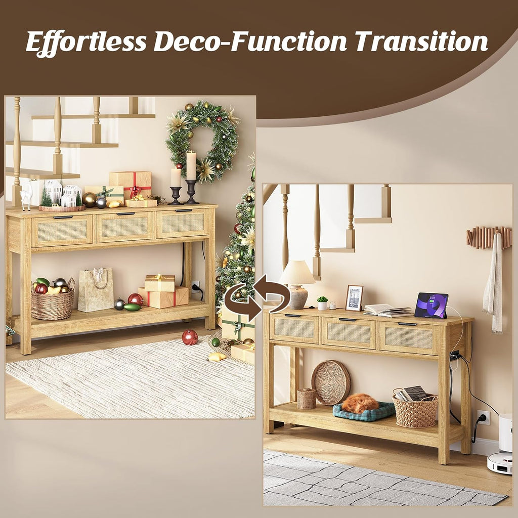 Luoxiao Natural Entryway Table with Power Outlets & USB-C, Boho Rattan Console Sofa Table with 3 Drawers, Narrow Sofa Table Behind Couch, Foyer Hallway Storage Table with Shelf, Anti-Tip, 47 Inch