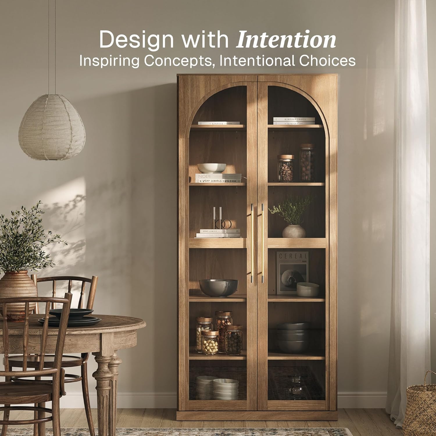 BELLEZE 67" Tall Glass Display Cabinet, Modern Wood Curio Cabinet Bookcase with Adjustable Storage Shelves, 6-Tier Trophy Showcase Display for Living Room - Camel