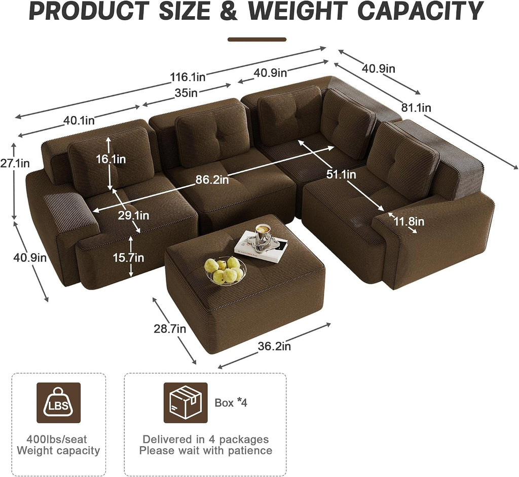 Oversized Modular Sectional Sofa, Modern V Shaped Corner Boneless Couch with Ottoman, Comfy 5 Seater Cloud Sleeper Sofa with Deep Seat, Customizable Layout Couches for Living Room, Apartment, Brown