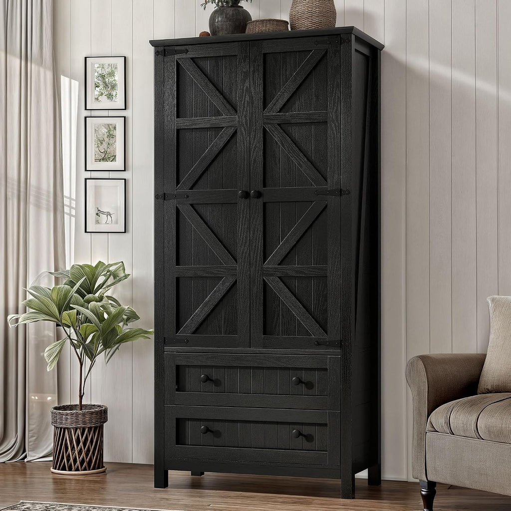 YITAHOME 64.5" Tall Kitchen Pantry Cabinet, Farmhouse Pantry Storage Cabinet with 2 Drawers & Adjustable Shelves, Ideal for Living Room, Kitchen or Hallway, Oak Black