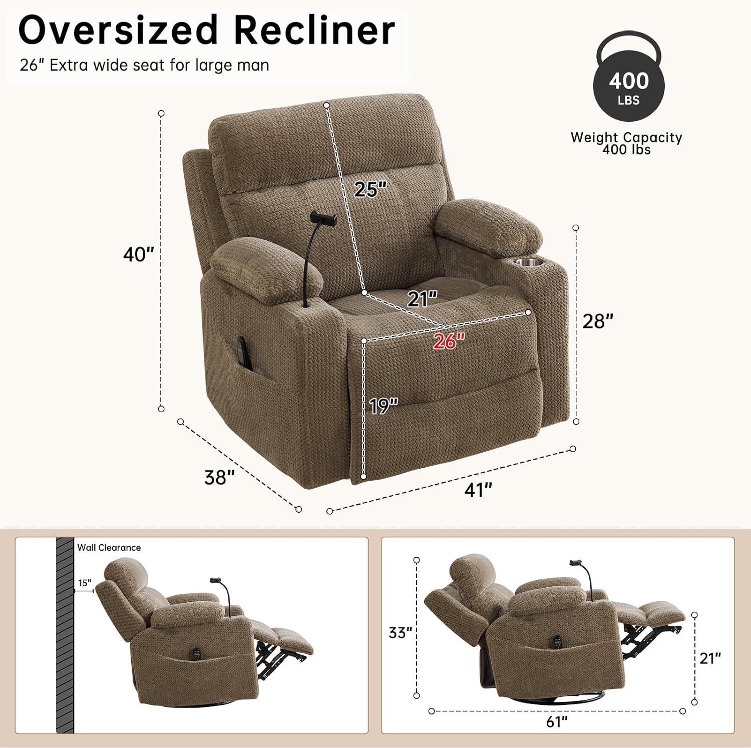 Power Swivel Rocker Recliner Chair with Massage & Heat, 26'' Oversized Glider Recliner Nursery Chair with Adjustable Headrest,Dual Motor Electric Recliner Chairs for Adults,Infinite Position,Camel