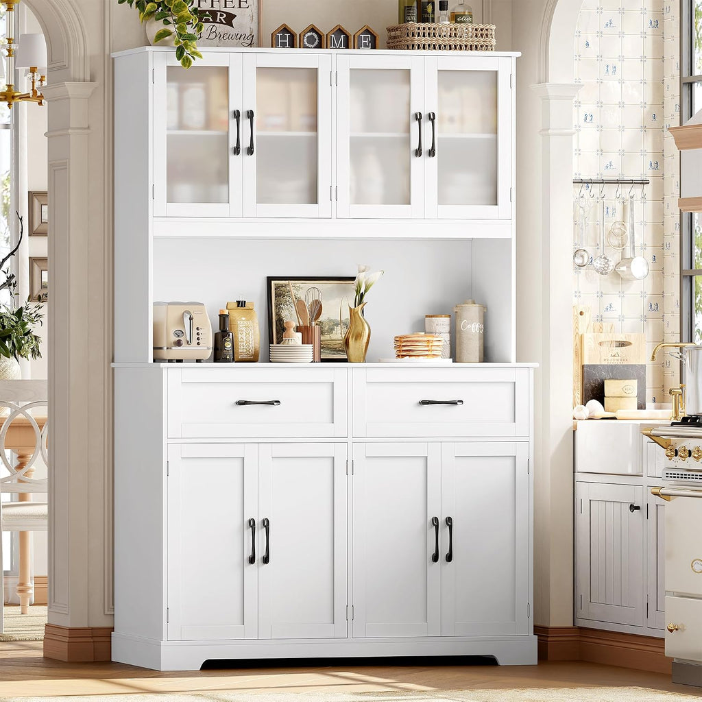 BOTLOG Pantry Storage Cabinet with Microwave Stand, 71" Tall Kitchen Hutch, Large White Pantry Cabinet with Glass Doors for Dining Room