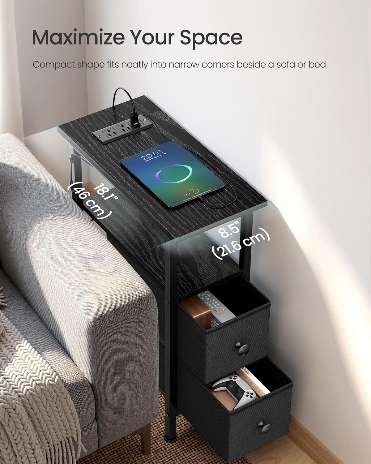 SONGMICS Side Table, Nightstand with Charging Station, End Table with LED Lighting, 2 Drawers, for Living Room, Bedroom, Ink Black, BELLAH Collection ULGS002B101