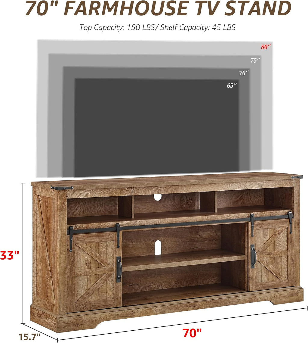 OKD 70" Farmhouse TV Stand for TVs up to 80", Light Knotty Oak | 33" Tall, Rustic Entertainment Center, Sliding Barn Door, Large Open Storage Shelf, 2 Storage Cabinets, Living Room, Bedroom