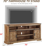 OKD 70" Farmhouse TV Stand for TVs up to 80", Light Knotty Oak | 33" Tall, Rustic Entertainment Center, Sliding Barn Door, Large Open Storage Shelf, 2 Storage Cabinets, Living Room, Bedroom