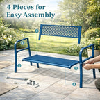 Heavy Duty Blue Steel Patio Garden Bench for 2 – 50" Wide, 790 lbs Capacity – Weather Resistant – Geometric Backrest & Slatted Seat – Porch, Deck, Entryway – Blue
