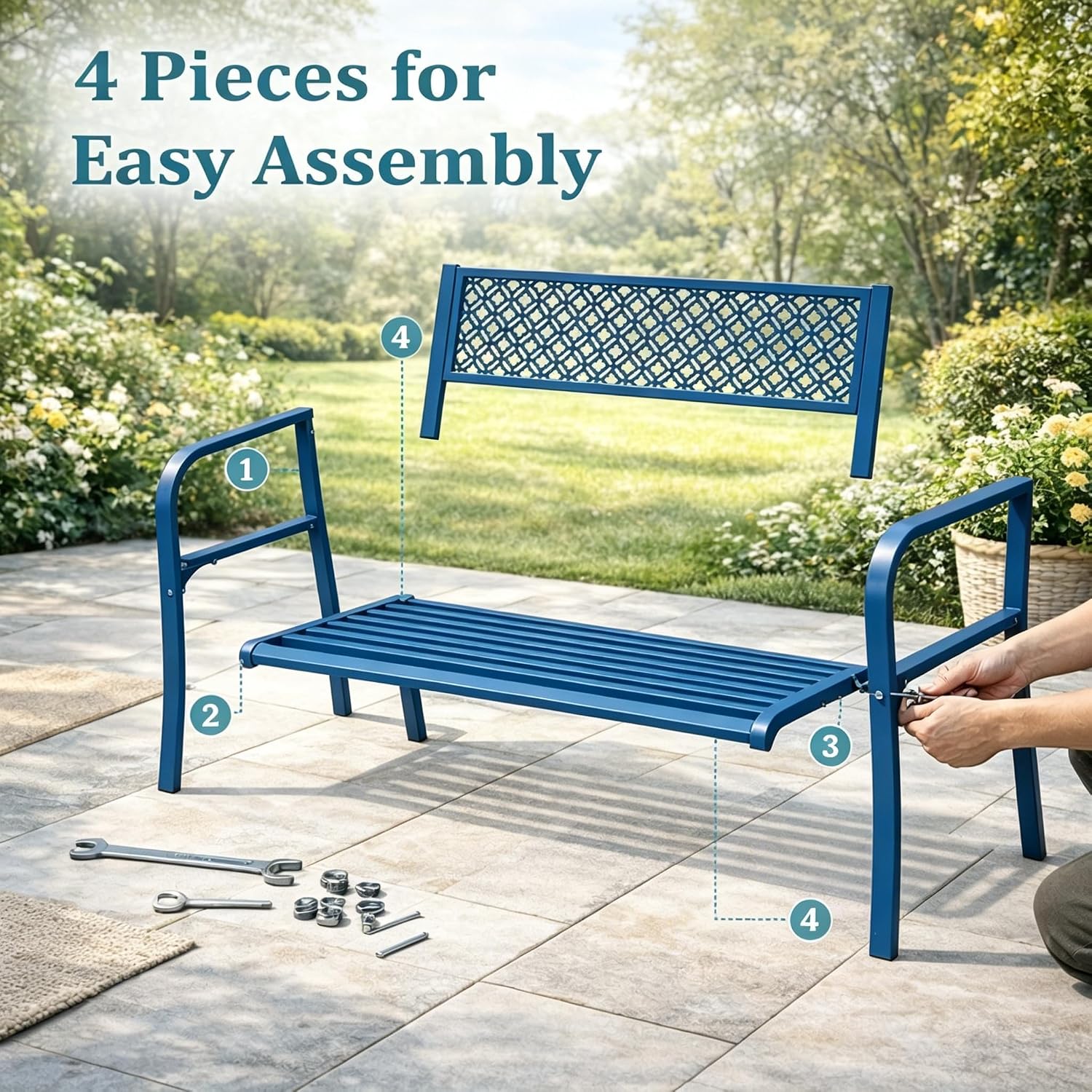 Heavy Duty Blue Steel Patio Garden Bench for 2 – 50" Wide, 790 lbs Capacity – Weather Resistant – Geometric Backrest & Slatted Seat – Porch, Deck, Entryway – Blue