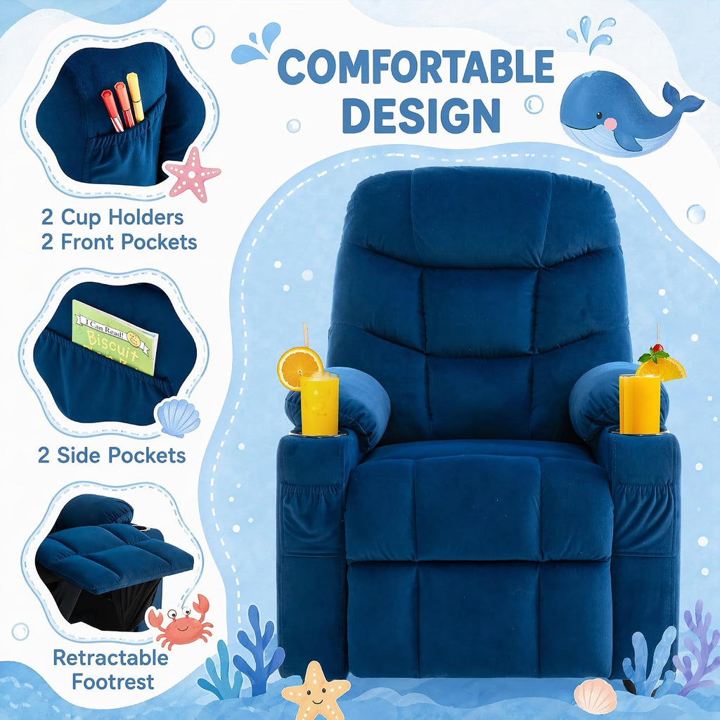 Velvet Larger Kids Reclining Chair Fabric Recliner Sofa Push Back Children Ages 3-12 with Dual Cup Holders and 4 Pockets
