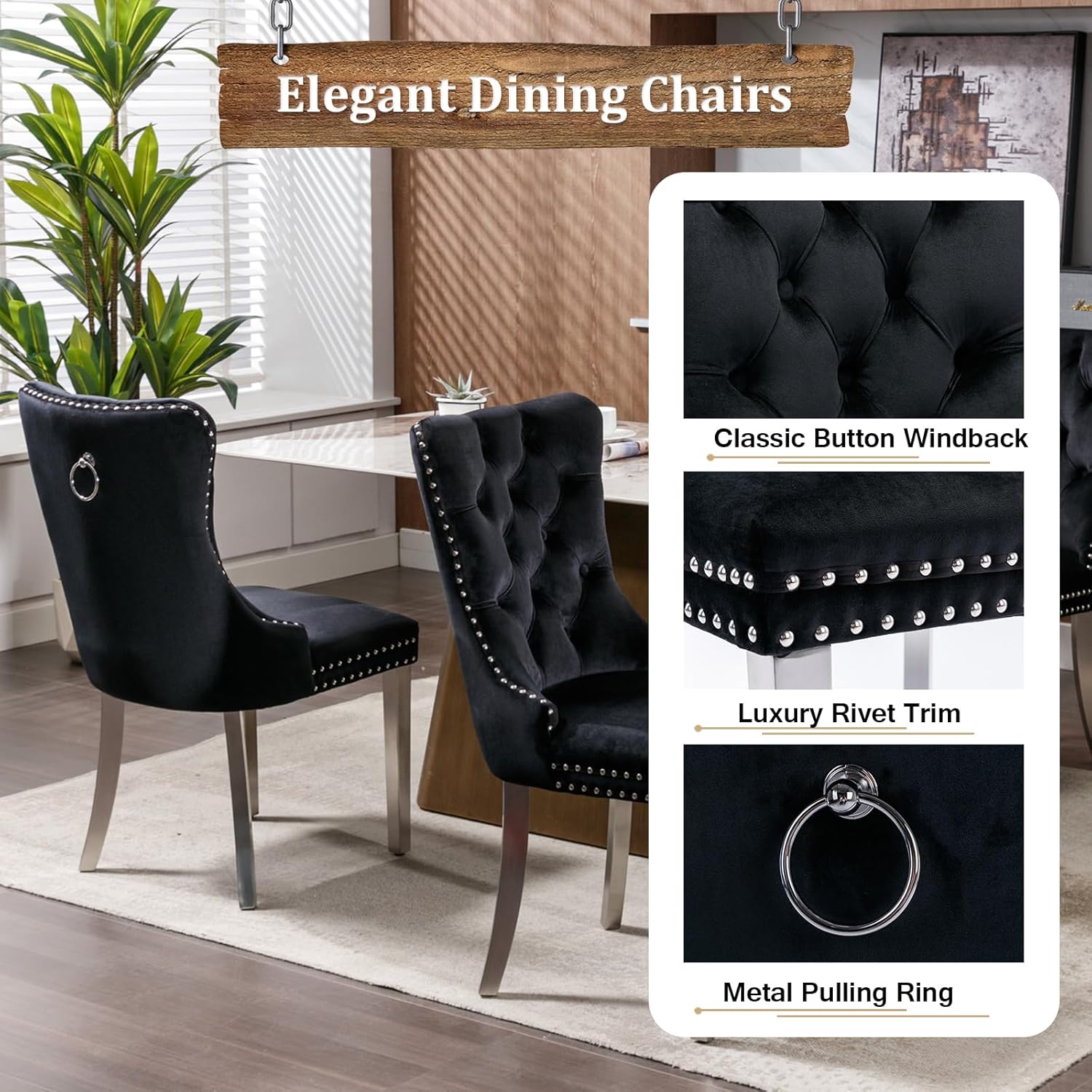 94.5" Large Faux Marble Dining Table Set for 8, Luxury Kitchen Table Set with 8 Chairs, Modern 9-Piece Dining Room Set with White Silver Dinner Table and 8 Black Upholstered Chairs