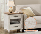 WAMPAT Set of 2 End Tables Nightstands with Charging Station, Sofa Side Tables for Living Room with Drawers & Shelf, Farmhouse Night Stand Wooden Bedside Table for Bedroom, Antique White