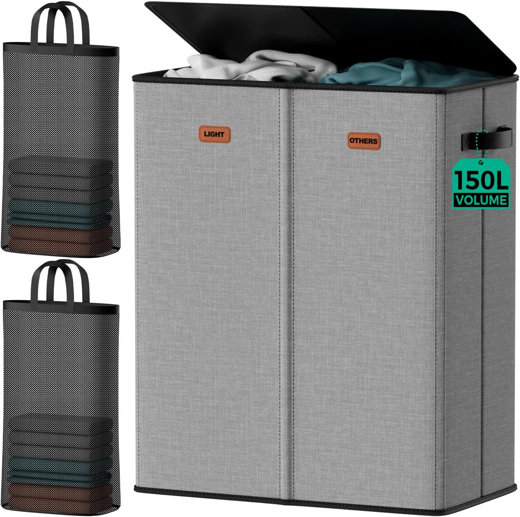 150L Dual-Compartment Laundry Hamper with Lid & Removable Inner Bag – Large 2-Section Clothes Hamper for Home, Dorm & Laundry Room