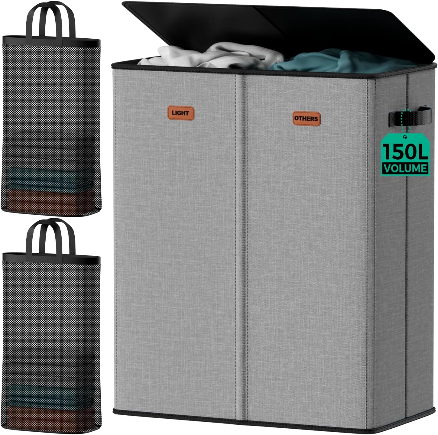 150L Dual-Compartment Laundry Hamper with Lid & Removable Inner Bag – Large 2-Section Clothes Hamper for Home, Dorm & Laundry Room