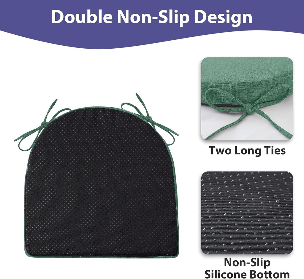 IPYNBAP Chair Cushions for Dining Chairs, Kitchen Chair Cushions, 16'' x 16'' x 2'', Non Slip Indoor Seat Cushions, Chair Pads for Dining Chairs with Ties & Removable Cover, Set of 4, Dark Green